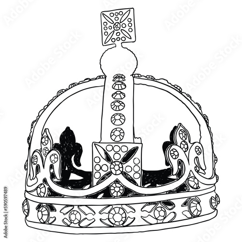 King or Queen crown.  Monarch coronations with Coronet Jewel represent United Kingdom constitutional responsible government and sovereignty or authority of the monarch. State Crown made of gold.