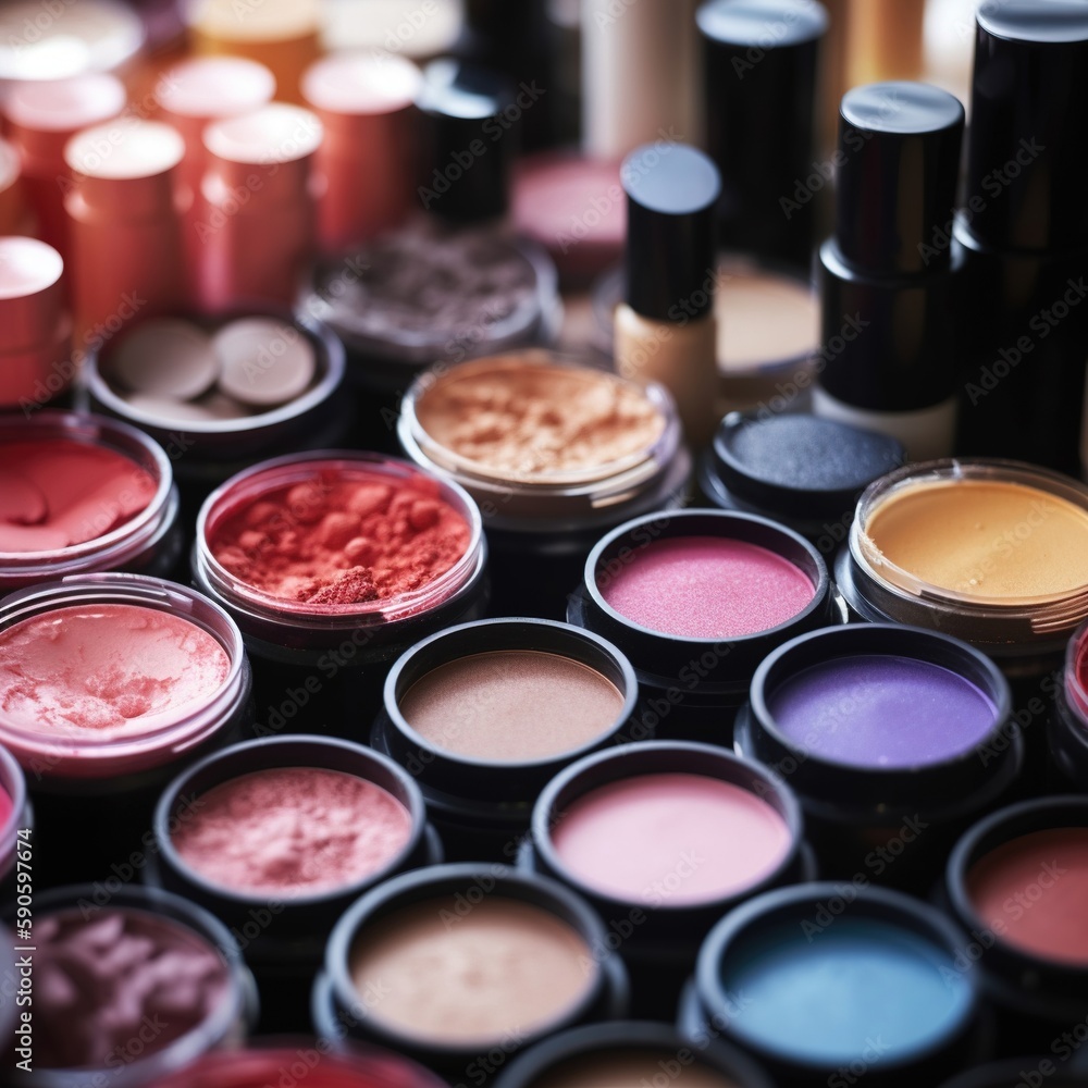 Naklejka premium Professional makeup brushes and tools, make-up products set. Generative ai