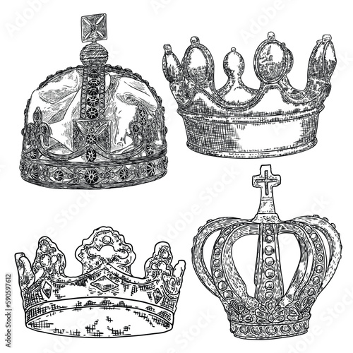 State Crown set, made of gold and precious stones such as diamonds sapphires emeralds and pearls and rubies. Imperial State Crowns used during the Coronation service and declaration of the King.