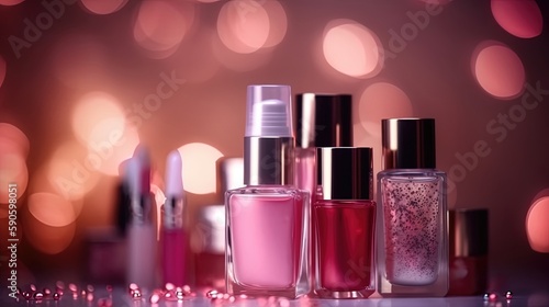 Abstract colorful glittering background with professional make-up products. Luxury beauty industry accessories. Generative ai.