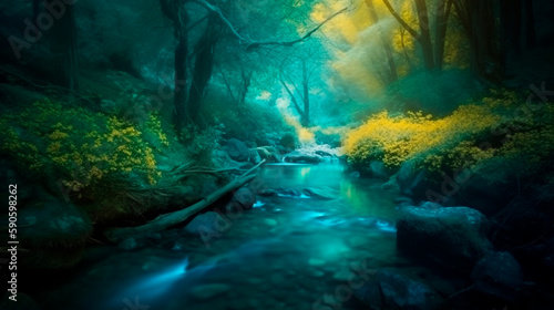 A beautiful blue creek in the woods  dark yellow and light emerald  enchanting lighting  