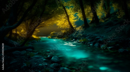 A beautiful blue creek in the woods  dark yellow and light emerald  enchanting lighting  