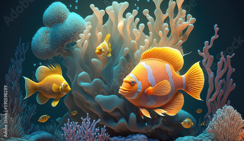 Animals of the underwater sea world. Ecosystem. Yellow tropical fish. Life in the coral reef. (ai generated)