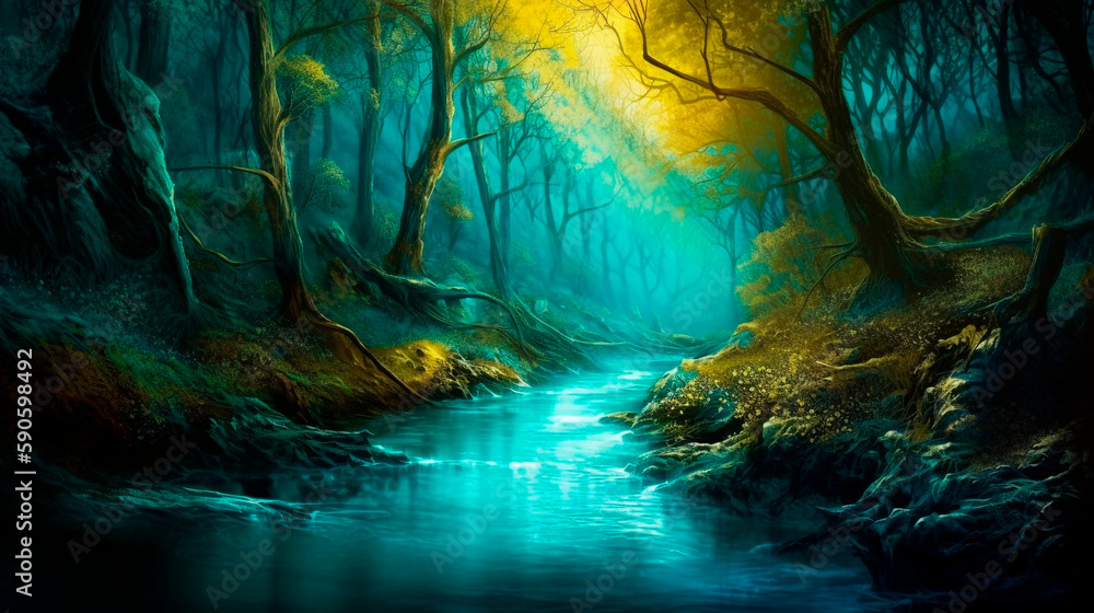 A beautiful blue creek in the woods, dark yellow and light emerald, enchanting lighting, 