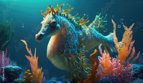 Image cartoon for 3d floor. Underwater world. Seahorse. corals.  ai generated 