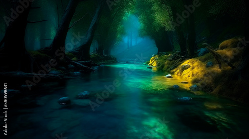 A beautiful blue creek in the woods  dark yellow and light emerald  enchanting lighting  