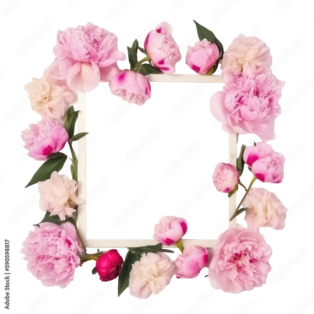 Obraz premium White wooden frame bouquet of pink and white peonies flowers close-up with copy space. popular decorative element for home events due to their natural beauty and versatility wedding. isolated on trans
