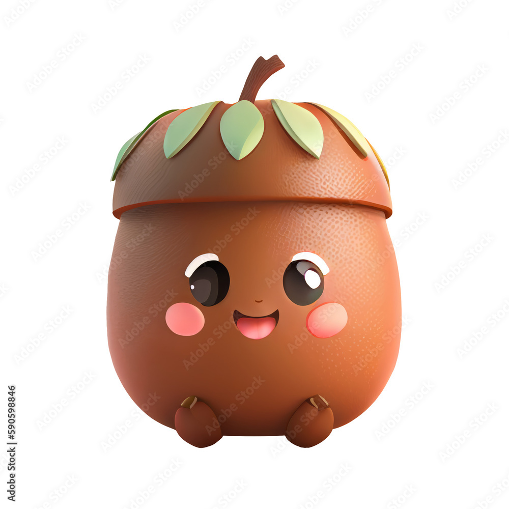 Fototapeta premium 3d icon cute Ripe smiling acorn kawaii, oak tree, autumn fruit, symbol of autumn, thanksgiving day illustration cartoon style on Isolated Transparent png background. Generative ai