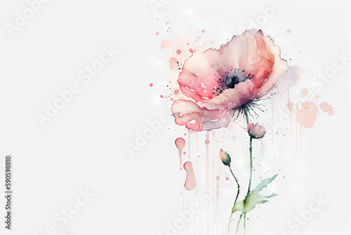 Poppy. watercola. Poppy on a white background. Splashes of colors. Banner. Place for text. Generative AI.