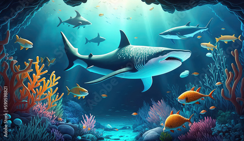 Animals cartoon of the underwater sea world. Ecosystem. Colorful tropical shark. Life in the coral reef. (ai generated)