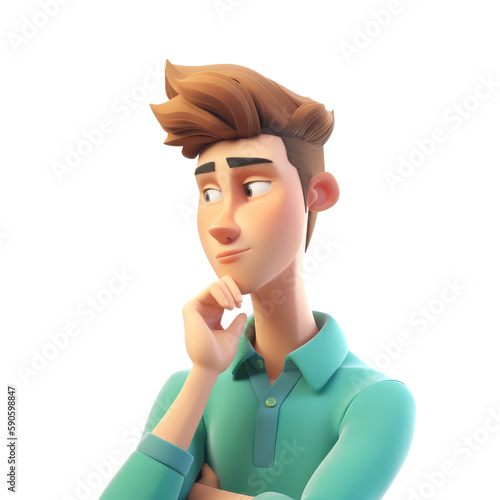 3D icon avatar cartoon hipster character, stylish pensive man with beard, cartoon close up portrait on isolated on transparent png background. Generative ai