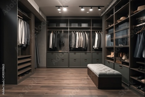 Dark men's dressing room interior with stylish clothes and accessories. Generative AI