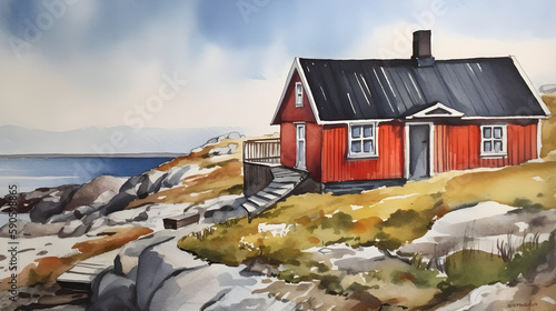 Old house landscape, Norwegian nature, watercolor drawing
