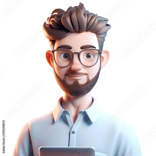 3D icon avatar cartoon hipster character, stylish smiling man with beard with tablet, cartoon close up portrait on isolated on transparent png background. Generative ai
