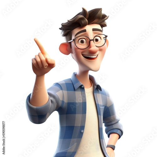 3D icon people kawaii cartoon of a smiling man points with index finger. Bright portrait of a teenage character isolated background transparent png. Generative ai