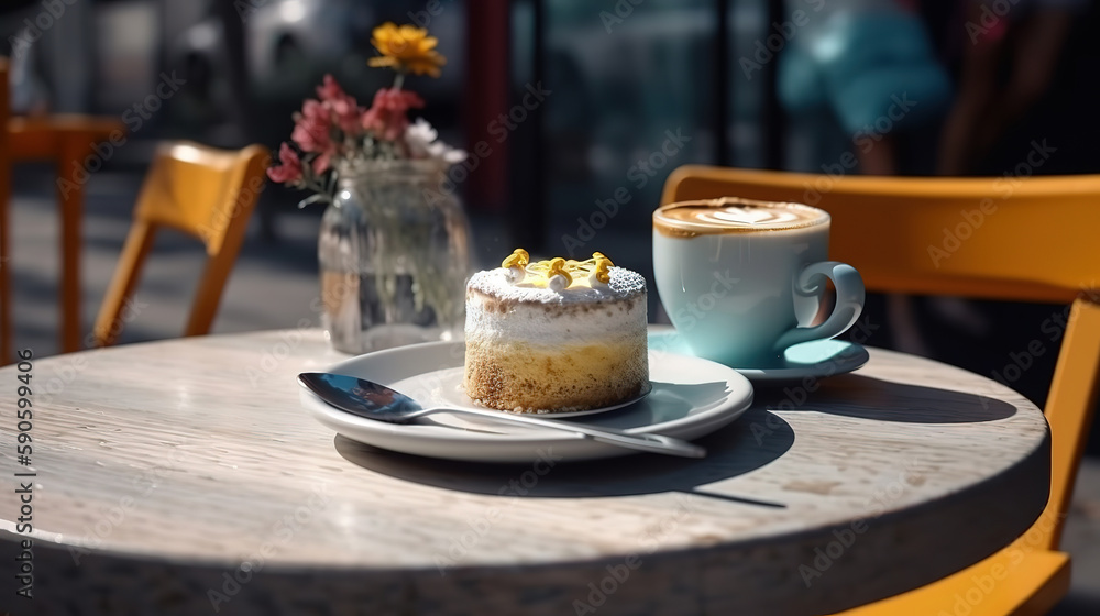 Coffee and cake on a cafe table outside. Generative Ai Coffee and cake on a cafe table outside. Generative Ai