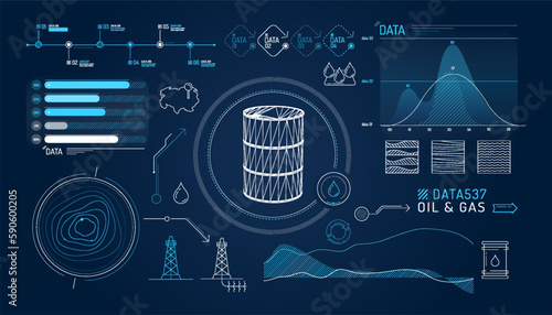 Set of infographic elements about oil exploration and production.