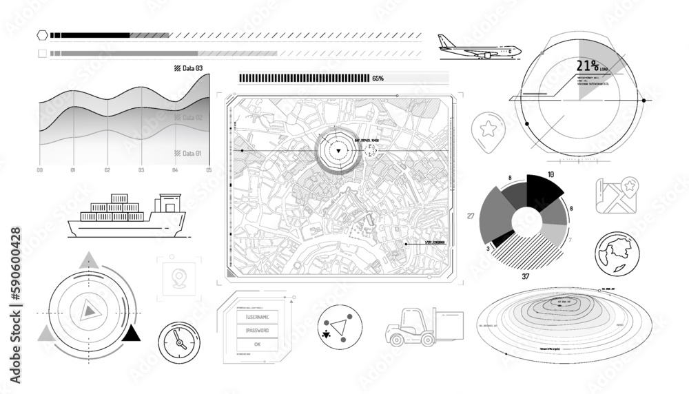 Obraz premium Set of infographic elements about geolocation and cargo transportation.