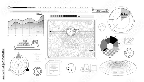 Set of infographic elements about geolocation and cargo transportation.