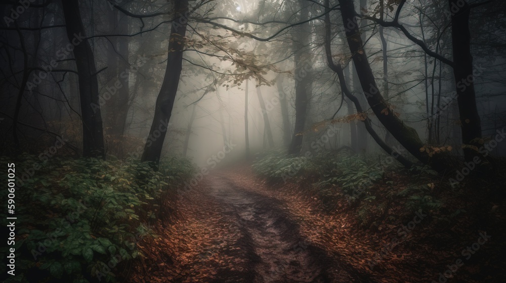 a dirt road in the middle of a forest with trees and leaves on both ...