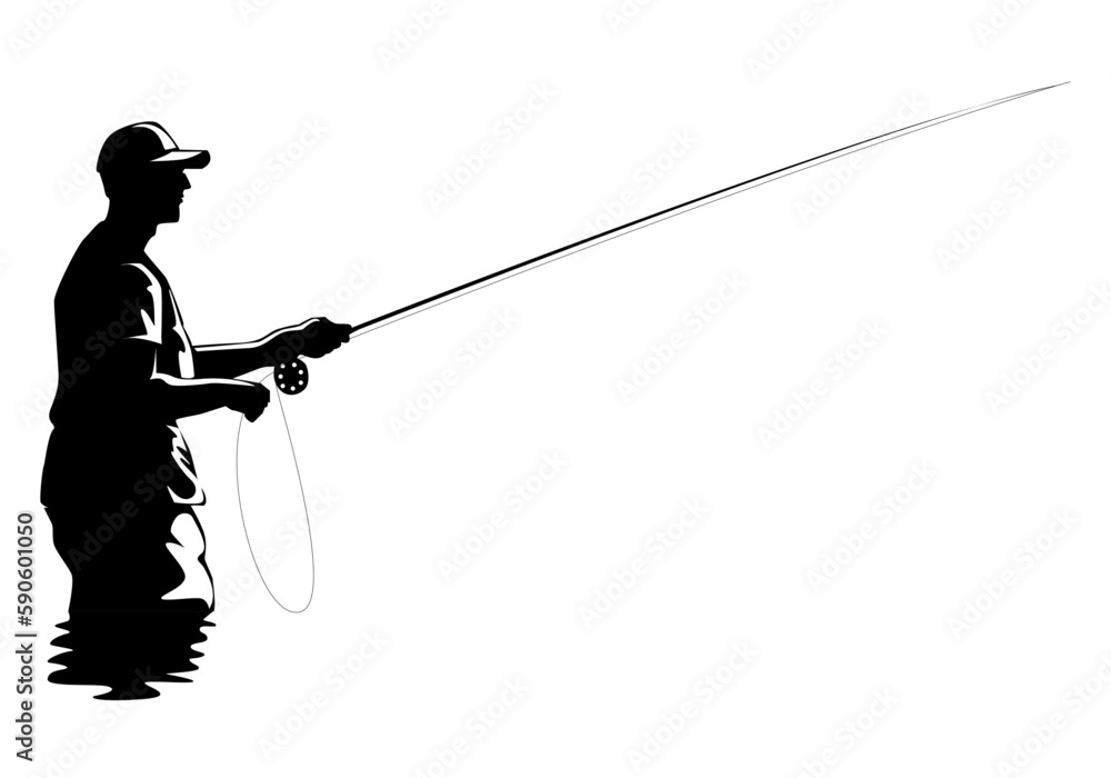 Obraz premium Fly fisherman fishing.graphic fly fishing.clip art black fishing on white background. flying eagle silhouette - Vector