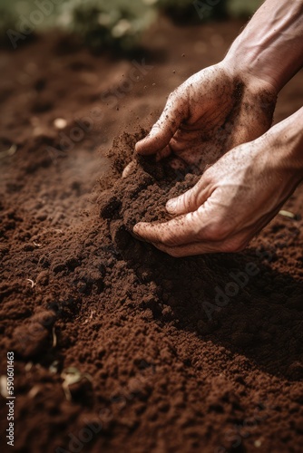 hands collect soil and fertilizer