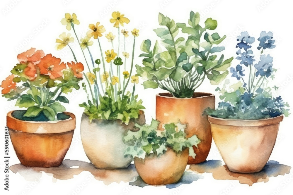 three vibrant potted plants depicted in watercolor. Generative AI