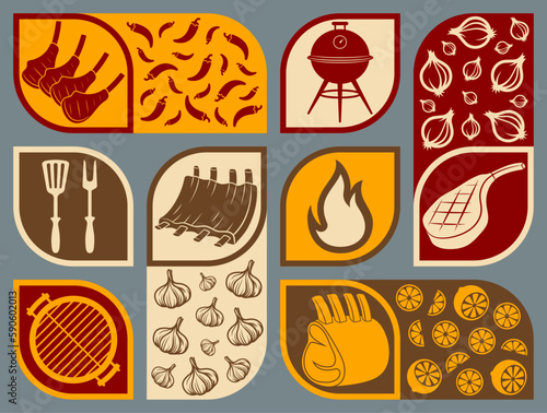 Social media marketing posters for barbecue or bbq ribs promotions. Includes logo, business icon, and abstract digital background. Ideal for online sales or restaurant promotion. vector illustration.