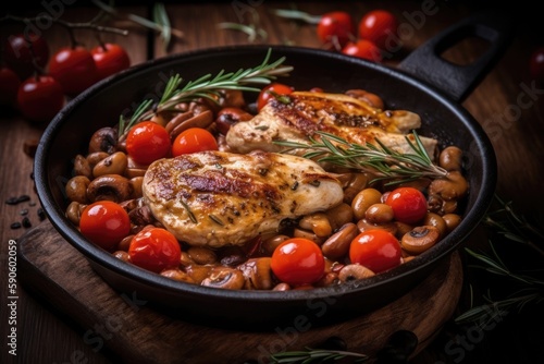 hearty chicken and bean skillet dish with fresh tomatoes. Generative AI