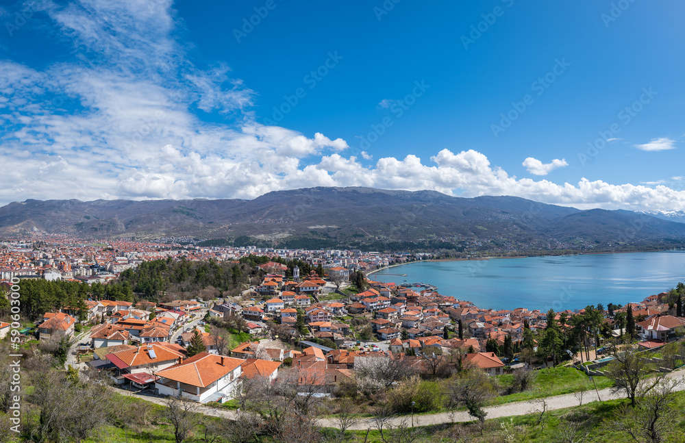 Aerial panorama of Ohrid Lake, city of Ohrid. Ohrid is a Macedonian resort and famous tourist destination under the auspices of UNESCO
