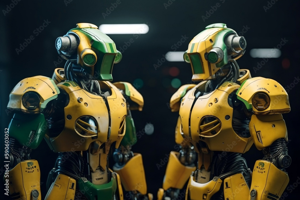 Two Futuristic Robots Before Match In Yellow And Green Color, Made Using Generative Ai Two Futuristic Robots Before Match In Yellow And Green Color, Made Using Generative Ai