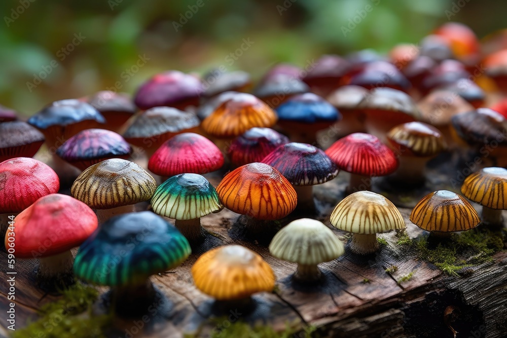 colorful mushrooms on wooden table. Generative AI colorful mushrooms on wooden table. Generative AI