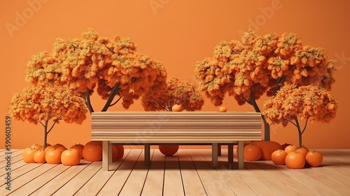 Wooden table and orange trees for product. Generative Ai