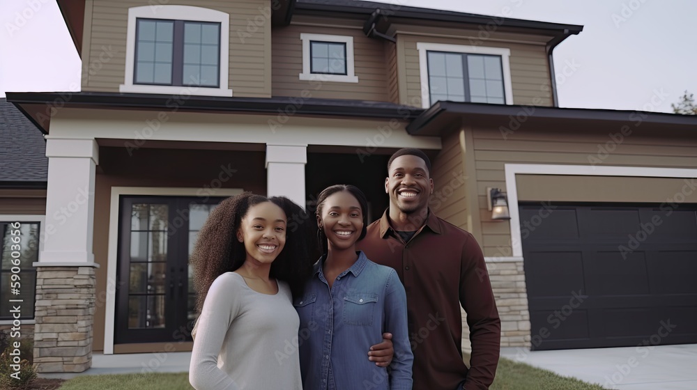 Newly purchased home with an African American family, symbolizing ownership, beaming with pride for their real estate accomplishment. Generative AI