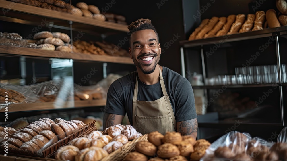Male bakery owner exuding pride and confidence in a candid shot with his delicious baked goods, showcasing his entrepreneurship in the local community. Generative AI