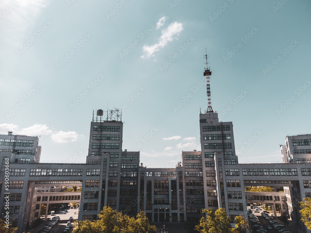Aerial Derzhprom building in Kharkiv city center, Ukraine. Constructivist architecture landmark