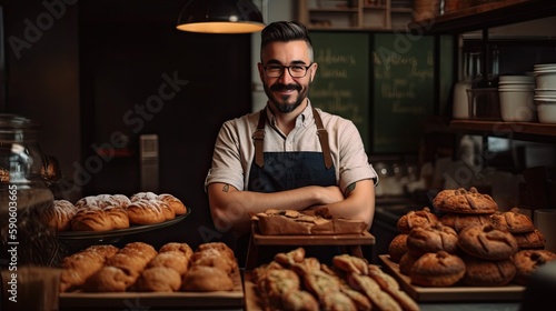 Male bakery owner exuding pride and confidence in a candid shot with his delicious baked goods, showcasing his entrepreneurship in the local community. Generative AI