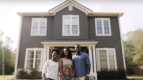 Newly purchased home with an African American family, symbolizing ownership, beaming with pride for their real estate accomplishment. Generative AI © Gelpi