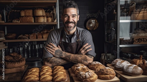 Male bakery owner exuding pride and confidence in a candid shot with his delicious baked goods  showcasing his entrepreneurship in the local community. Generative AI