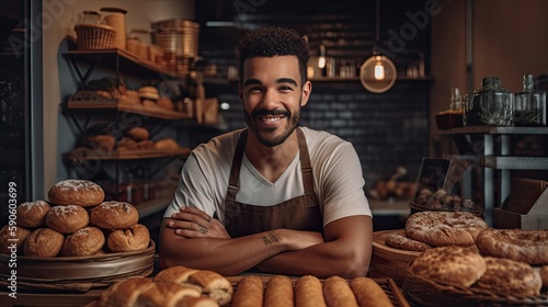 Male bakery owner exuding pride and confidence in a candid shot with his delicious baked goods  showcasing his entrepreneurship in the local community. Generative AI