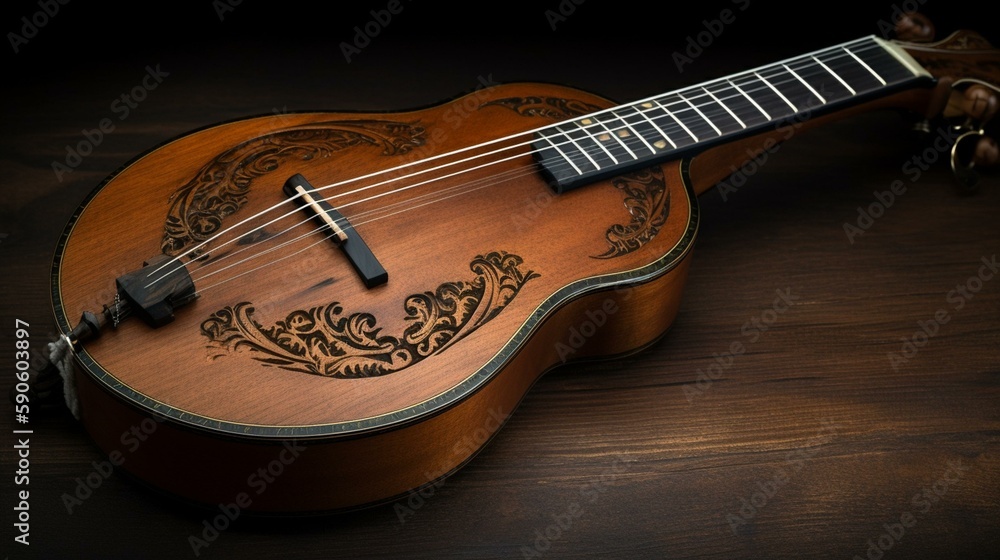 Obraz premium A beautiful, handcrafted mandolin, with a carved wooden body and delicate strings. Generative AI