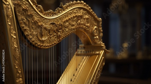 An ornate harp with intricate carvings and strings made of shimmering gold. Generative AI © Наталья Евтехова