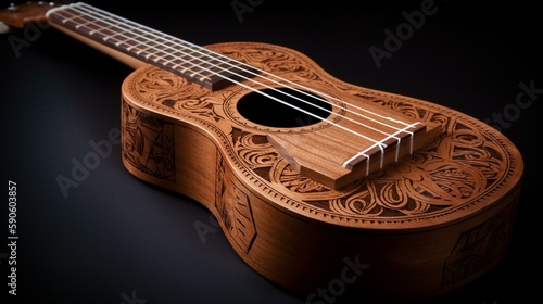 A beautiful, handcrafted ukulele, with a carved wooden body and delicate strings. Generative AI