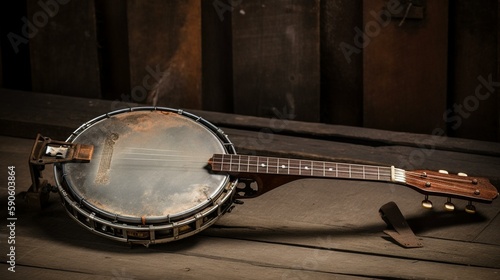A rustic banjo, with a worn wooden body and metal strings. Generative AI photo