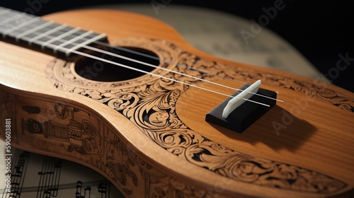 A beautiful, handcrafted ukulele, with a carved wooden body and delicate strings. Generative AI