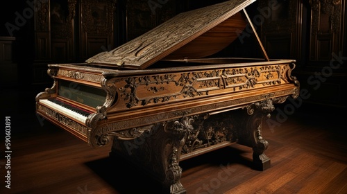 A stunning grand harpsichord with intricate carvings and shimmering strings. Generative AI photo