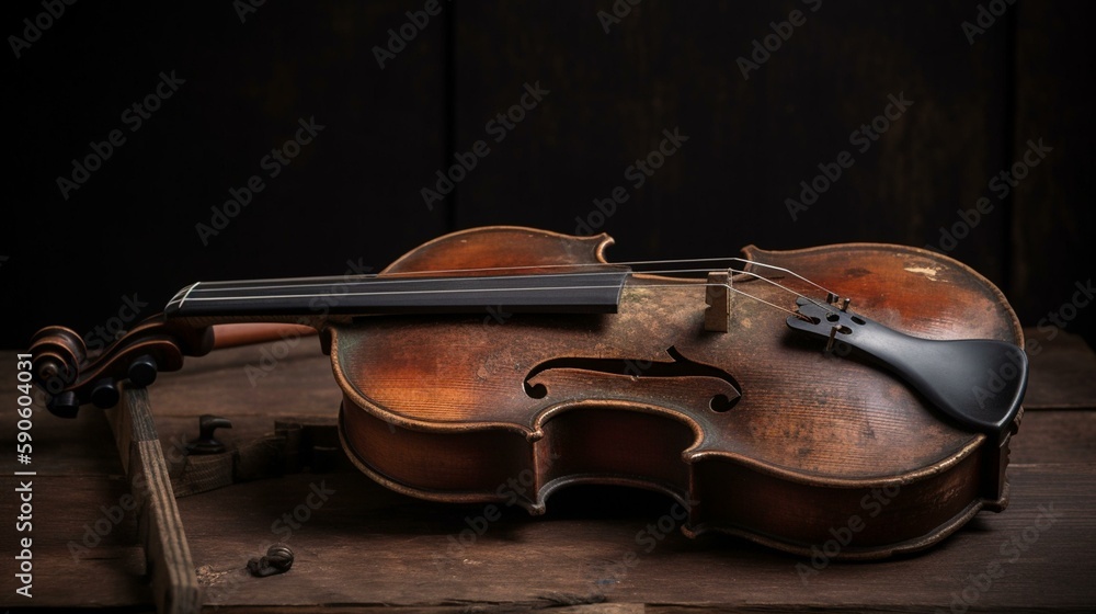 Obraz premium A rustic fiddle with a worn wooden body and delicate strings. Generative AI