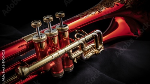 A bold, red trombone with intricate valves and a commanding presence. Generative AI