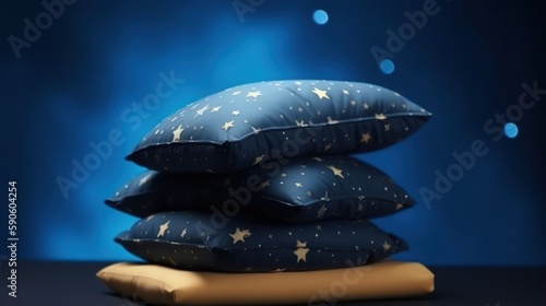 Pyramid stack of soft Pillow on star night background. Concept of good healthy sleep, sweet dreams and hypnotic pills. Good night and deep sleeping in bed. photo