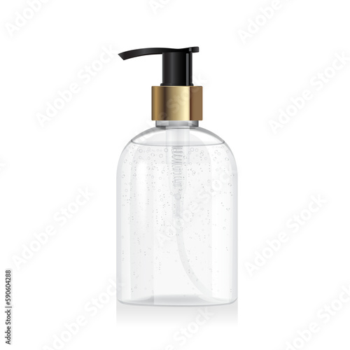 Clear glass bottle with golden pump with liquid inside isolated on white background. Transparent plastic packaging. Shampoo, sanitizer or soap dispenser. 3d vector cosmetic bottle mockup template